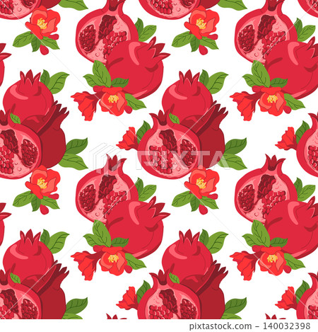 A seamless pattern of whole pomegranates, pitted pieces, leaves, and flowers. A flat-style background featuring this fruit of paradise. Clipart for juice, perfume, and cosmetic packaging. A seamless pattern of whole pomegranates, pitted pieces, leaves, and flowers. A flat-style background featuring this fruit of paradise. Clipart for juice, perfume, and cosmetic packaging. 140032398