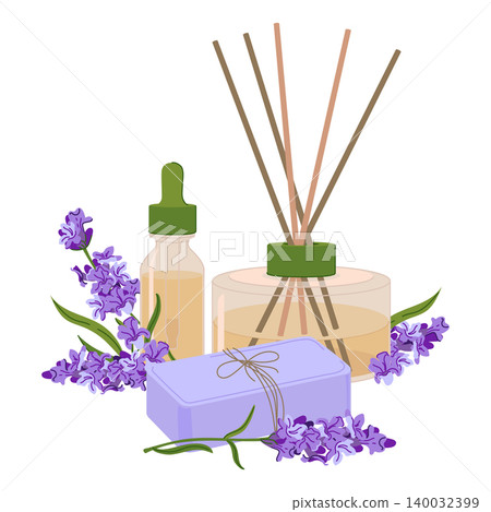 Vector illustration of lavender scented home essentials. Reed diffuser, a dropper bottle with essential oil and handmade soap bar. Fresh lavender sprigs. Perfect for spa, wellness, aromatherapy. Vector illustration of lavender scented home essentials. Reed diffuser, a dropper bottle with essential oil and handmade soap bar. Fresh lavender sprigs. Perfect for spa, wellness, aromatherapy. 140032399