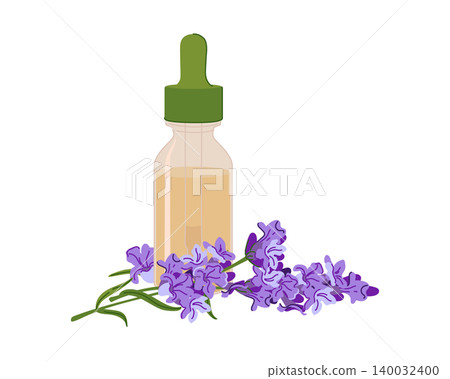 Dropper bottle and Lavandin flowers. Glass bottle with Provencal lavender essential oil. An ingredient for cosmetics and perfumes. Flat design illustration. A bottle with a pipette and flower extract. Dropper bottle and Lavandin flowers. Glass bottle with Provencal lavender essential oil. An ingredient for cosmetics and perfumes. Flat design illustration. A bottle with a pipette and flower extract. 140032400
