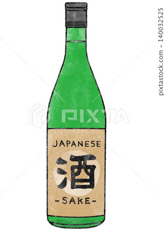 綠色清酒瓶水彩插畫,透明背景/清酒標籤 綠色清酒瓶水彩插畫,透明背景/清酒標籤 140032525