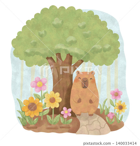 Cute Capybara Summer Pattern Bundle, Kawaii Watercolor Seamless Pattern PNG, Tropical Animal Illustration Set 140033414