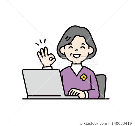 一位老年女性在筆記型電腦前做出「OK」手勢的上半身向量圖。 一位老年女性在筆記型電腦前做出「OK」手勢的上半身向量圖。 140033419