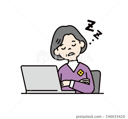 Vector illustration of a grandmother dozing off while sitting in front of a computer. Vector illustration of a grandmother dozing off while sitting in front of a computer. 140033420