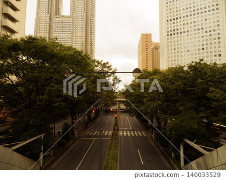 傍晚時分，西新宿的一條道路筆直地穿過一片摩天大樓群。 140033529