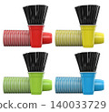 Multiple colorful plastic straws arranged in plastic cups isolated on white background, symbolizing party beverages 140033729