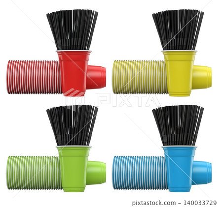 Multiple colorful plastic straws arranged in plastic cups isolated on white background, symbolizing party beverages 140033729
