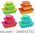 Stacked plastic food storage containers with black lids, isolated on white background, concept of organized storage 140033732
