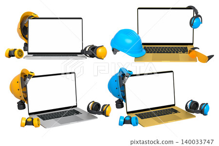 Laptops with blank screens surrounded by construction helmets, respirators and earmuffs on white background with clipping path Laptops with blank screens surrounded by construction helmets, respirators and earmuffs on white background with clipping path 140033747