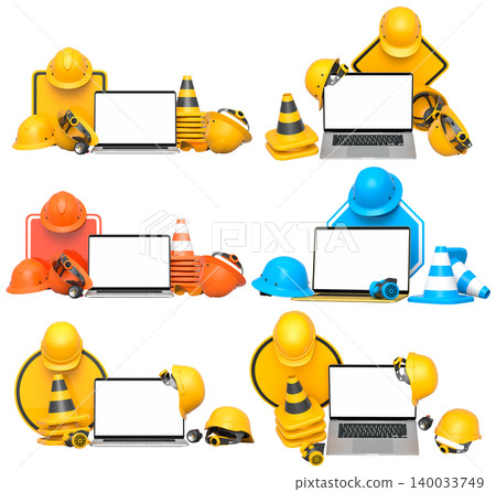 Laptops with blank screens surrounded by construction helmets, cones and warning signs on white background with clipping path Laptops with blank screens surrounded by construction helmets, cones and warning signs on white background with clipping path 140033749