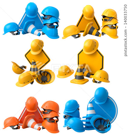 Construction hard hats, traffic cones, and road signs isolated on white background with clipping path, concept of safety gear Construction hard hats, traffic cones, and road signs isolated on white background with clipping path, concept of safety gear 140033750