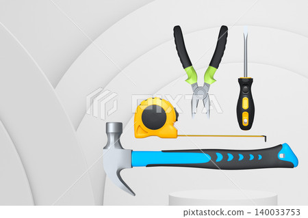 Construction tools and safety equipment floating over podium on abstract background, industrial work and protection concept 140033753