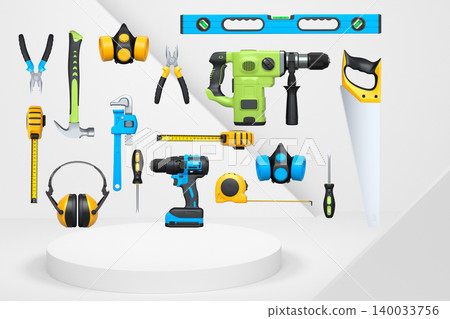 Construction tools and safety equipment floating over podium on abstract background, industrial work and protection concept Construction tools and safety equipment floating over podium on abstract background, industrial work and protection concept 140033756