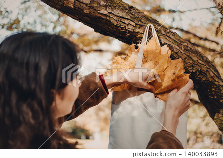 Person places yellow autumn leaves inside fabric tote bag hanging on tree branch. Eco conscious lifestyle, slow living, seasonal exploration, local tourism. Person places yellow autumn leaves inside fabric tote bag hanging on tree branch. Eco conscious lifestyle, slow living, seasonal exploration, local tourism. 140033893