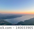Aerial Sunset View over Lake and Mountain Range 140033905