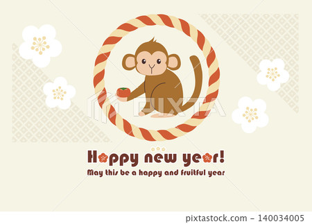A New Year's postcard template for the Year of the Monkey, featuring a monkey sitting on a shimenawa (sacred rope) holding a persimmon, with a congratulatory message. A New Year's postcard template for the Year of the Monkey, featuring a monkey sitting on a shimenawa (sacred rope) holding a persimmon, with a congratulatory message. 140034005