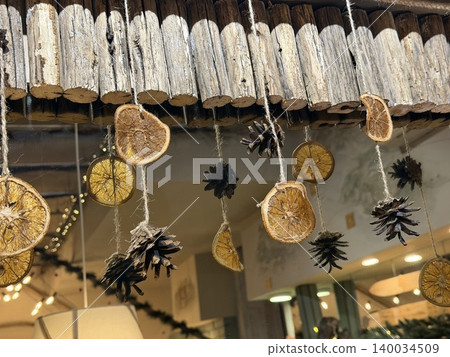 Natural organic composition with dried oranges and cones. Holidays concept, natural background. Natural organic composition with dried oranges and cones. Holidays concept, natural background. 140034509
