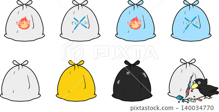 Garbage bags and sorting illustration set (burnable waste, non-burnable waste, crow damage) Garbage bags and sorting illustration set (burnable waste, non-burnable waste, crow damage) 140034770