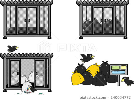 A set of illustrations showing crow damage to garbage collection points and garbage bags. A set of illustrations showing crow damage to garbage collection points and garbage bags. 140034772