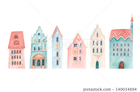 Hand drawn watercolor Christmas town houses isolated illustration. Festive European architecture clipart collection. Hand drawn watercolor Christmas town houses isolated illustration. Festive European architecture clipart collection. 140034894