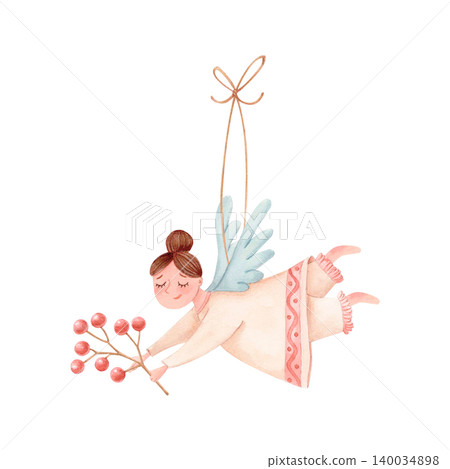 Hand drawn watercolor guardian angel holding glowing star clipart. Cute character isolated illustration for Christmas decor Hand drawn watercolor guardian angel holding glowing star clipart. Cute character isolated illustration for Christmas decor 140034898
