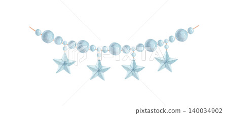 Hand drawn winter watercolor pearl garland with gold hanging stars isolated illustration. Christmas beads decoration. Hand drawn winter watercolor pearl garland with gold hanging stars isolated illustration. Christmas beads decoration. 140034902