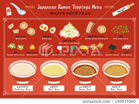 Illustrations of various ramen toppings Illustrations of various ramen toppings 140035060