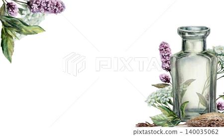 Apothecary bottle watercolor illustration template. Diagonal mint and yarrow border with copy space for refreshing pharmacy packaging design, organic cosmetics branding web header, 16:9 format Apothecary bottle watercolor illustration template. Diagonal mint and yarrow border with copy space for refreshing pharmacy packaging design, organic cosmetics branding web header, 16:9 format 140035062
