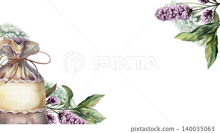 Apothecary sachet bag watercolor illustration template. Diagonal mint and yarrow border with copy space for traditional pharmacy packaging design, organic tea branding web header, 16:9 format Apothecary sachet bag watercolor illustration template. Diagonal mint and yarrow border with copy space for traditional pharmacy packaging design, organic tea branding web header, 16:9 format 140035063