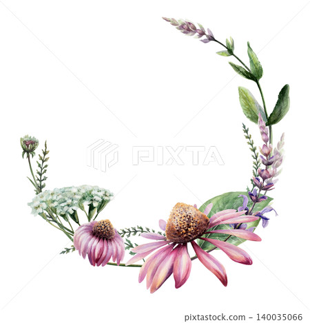 Echinacea, sage and yarrow wreath watercolor illustration template. Floral herbs frame with copy space for organic pharmacy branding, natural cosmetics label design, wellness greeting card Echinacea, sage and yarrow wreath watercolor illustration template. Floral herbs frame with copy space for organic pharmacy branding, natural cosmetics label design, wellness greeting card 140035066