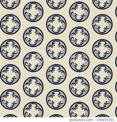 Japanese Ocean Wave Crest Seamless Pattern in Indigo and Beige Japanese Ocean Wave Crest Seamless Pattern in Indigo and Beige 140035391