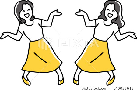 Two women smiling and striking a welcoming pose. 140035615