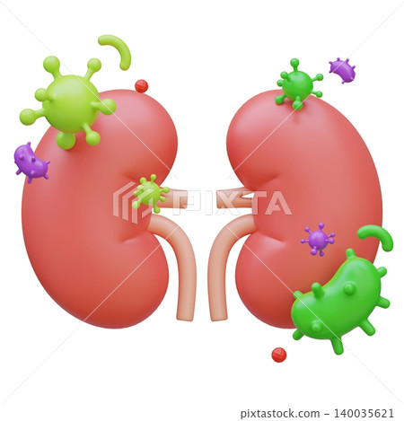 3D Illustration of Human Kidneys Organ with Bacteria and Virus Infection 140035621