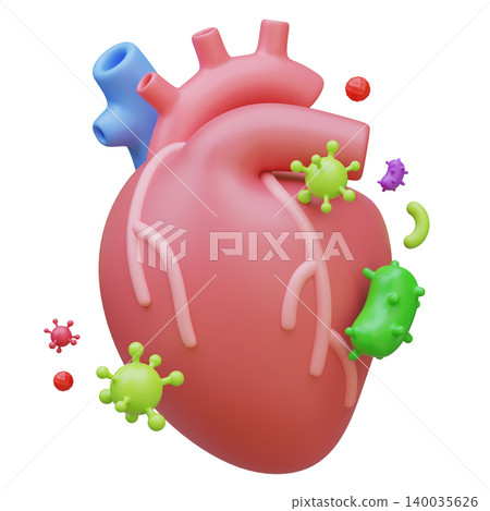 3D Illustration of Human Heart Organ with Bacteria and Virus Infection 140035626