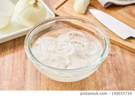 Cooking process: Soak sliced new onions in water in a glass bowl. Cooking process: Soak sliced new onions in water in a glass bowl. 140035734
