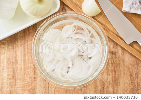 Cooking process: Soak sliced new onions in water in a glass bowl. Cooking process: Soak sliced new onions in water in a glass bowl. 140035736