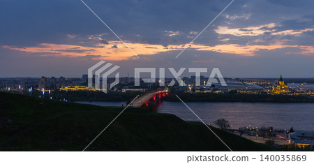 A panoramic skyline of Nizhny Novgorod city at dusk A panoramic skyline of Nizhny Novgorod city at dusk 140035869