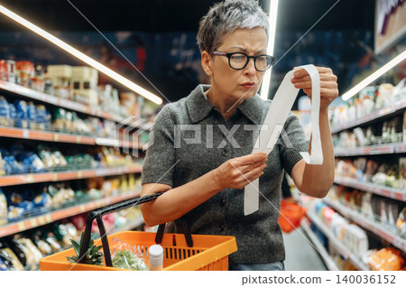Senior woman with short gray hair wearing glasses examines shopping list while holding an orange basket in a grocery store aisle filled with products and shelves Senior woman with short gray hair wearing glasses examines shopping list while holding an orange basket in a grocery store aisle filled with products and shelves 140036152