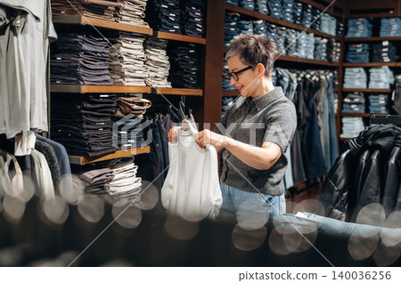 Asian woman in gray sweater examines white clothing item while shopping in a retail store, shelves filled with folded jeans and shirts in the background Asian woman in gray sweater examines white clothing item while shopping in a retail store, shelves filled with folded jeans and shirts in the background 140036256