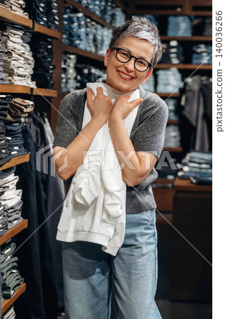 Asian woman with short gray hair wearing glasses holds a white sweater while smiling in a clothing store with neatly arranged stacks of jeans in the background Asian woman with short gray hair wearing glasses holds a white sweater while smiling in a clothing store with neatly arranged stacks of jeans in the background 140036266