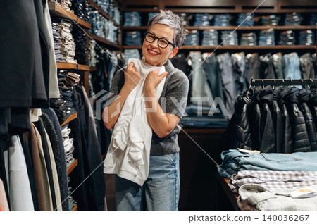 Senior woman with short gray hair smiles while holding a white shirt inside a clothing store, surrounded by neatly arranged denim and jackets on shelves Senior woman with short gray hair smiles while holding a white shirt inside a clothing store, surrounded by neatly arranged denim and jackets on shelves 140036267