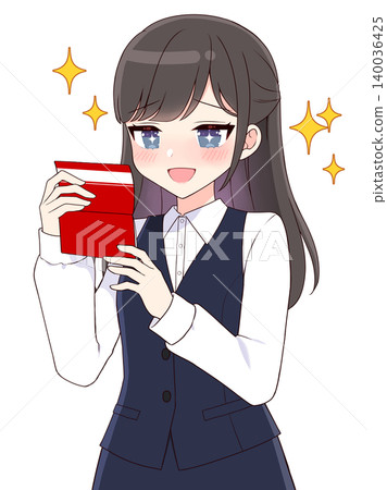 一位長髮飄飄的白領女士看到自己的存摺欣喜不已。 140036425