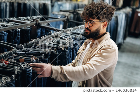 Male shopper with curly hair examines denim jeans on display rack inside a clothing store, various styles and colors visible in the background Male shopper with curly hair examines denim jeans on display rack inside a clothing store, various styles and colors visible in the background 140036814