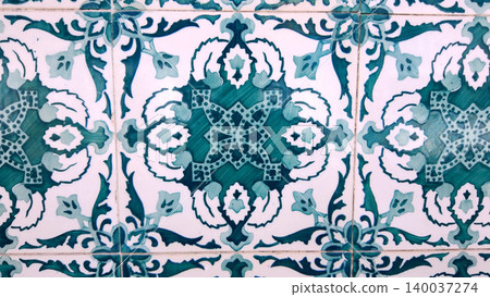 Ornate Teal and White Azulejo Tile Pattern with Classical Damask and Floral Motifs Ornate Teal and White Azulejo Tile Pattern with Classical Damask and Floral Motifs 140037274
