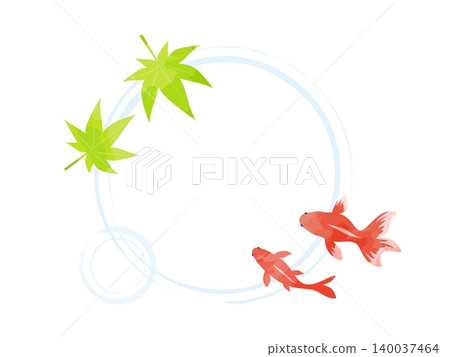 一幅時尚的日式邊框插畫，描繪了兩條水彩風格的金魚和一片藍色的楓葉依偎在一起，形成圓形波紋圖案。 140037464