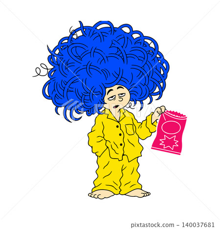 Sleepy Character with Blue Hair and Snack Sleepy Character with Blue Hair and Snack 140037681
