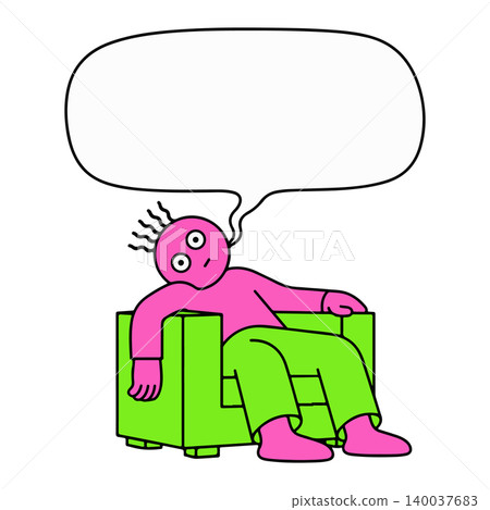 Pink Character Relaxing in Green Chair with Speech Bubble Pink Character Relaxing in Green Chair with Speech Bubble 140037683