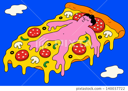 Man Relaxing on Pizza Slice Man Relaxing on Pizza Slice 140037722