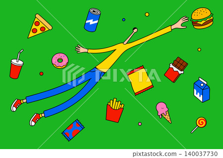 Cartoon Man Surrounded by Junk Food Cartoon Man Surrounded by Junk Food 140037730