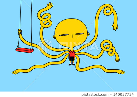 Cartoon Boy with Multiple Arms and a Swing Cartoon Boy with Multiple Arms and a Swing 140037734