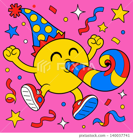 Cartoon Character Celebrating with Party Hat and Horn Cartoon Character Celebrating with Party Hat and Horn 140037741